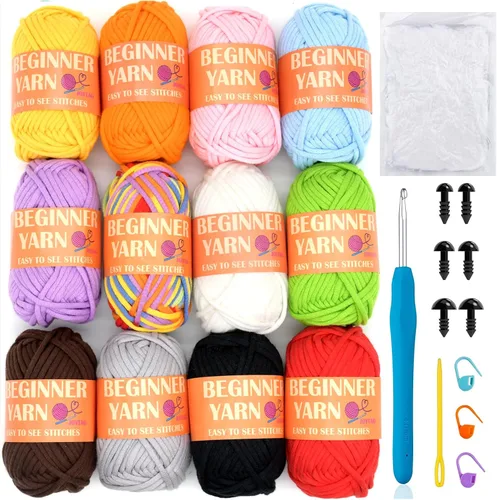 Vista 10 de 24 Pack de Hilo de Ganchillo para Principiantes Azul Rosa Púrpura Marrón Arcoíris de Algodón para Tejer y Ganchillo con Puntos Fáciles de Ver Kit