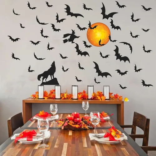 Vista 4 de Calcomanías de pared de luna de Halloween, calcomanías de murciélago de bruja, calcomanías de pared de lobo removibles para despegar y pegar