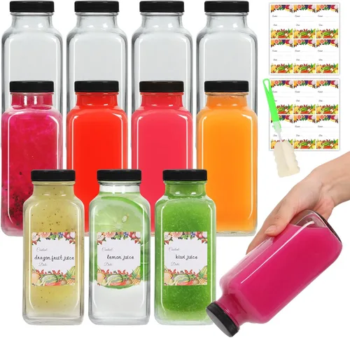 Vista 13 de AuroTrends Botellas de vidrio de 12 onzas con tapas 12Pack, botellas de vidrio de 360ml para jugos, agua, kombucha - Botellas de vidrio
