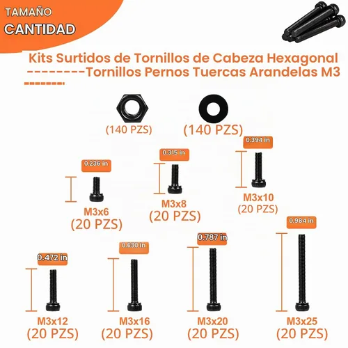Vista 2 de Juego de 420 tornillos M3, pernos M3 prémium para impresión 3D, surtido de tornillos de cabeza hexagonal con tuercas y arandelas, M3 x 0.236 in