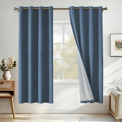 Vista 100 de Cortinas 100% opacas para dormitorio, cortinas opacas de 63 pulgadas de largo, cortinas opacas de lino para sala de estar, cortinas con ojales