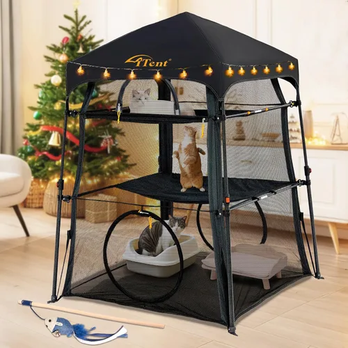 Vista 9 de Cerca para Gatos con Torre y Tienda de Campaña para Gatito y Gato para Interior y Exterior, Jaula para Gatos de 3 Niveles Interior, X-Grande Catio