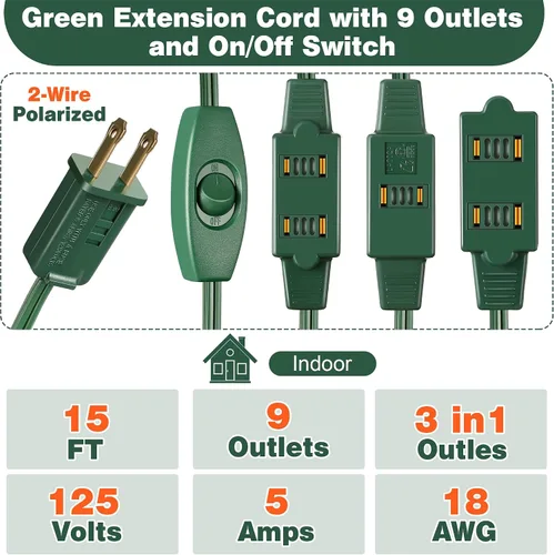 Vista 3 de Enhon 1 Pieza Cable de Extensión Verde de 15 Pies con 9 Tomacorrientes e Interruptor de Encendido/Apagado, Cable de Extensión de Luz para Árbol