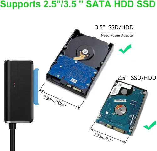 Vista 2 de Cable SATA a USB 3.0 a 2.5 Adaptador de disco duro de 3.5 pulgadas, convertidor externo para transferencia de datos SSD/HDD, con fuente