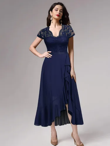 Vista 3 de Miusol - Vestido largo elegante para mujer, con volantes, encaje y cuello en V, ideal para damas de honor