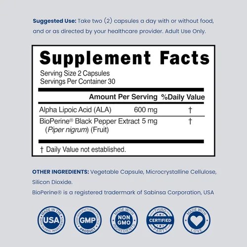 Vista 6 de Ácido alfa lipoico de 600 mg por porción, 60 cápsulas, potente antioxidante para neuropatía y salud cardiovascular (suplemento ALA) - Probado por