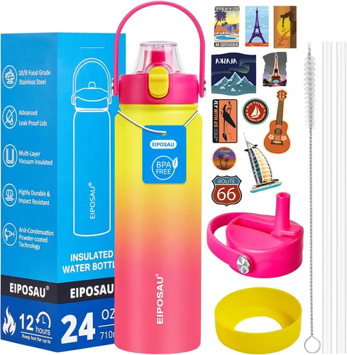 Vista 26 de Botella de agua aislada con tapa, bota y calcomanías, botella de acero inoxidable de 24 onzas, sin sudor, mantiene el frío las 24 horas, botella