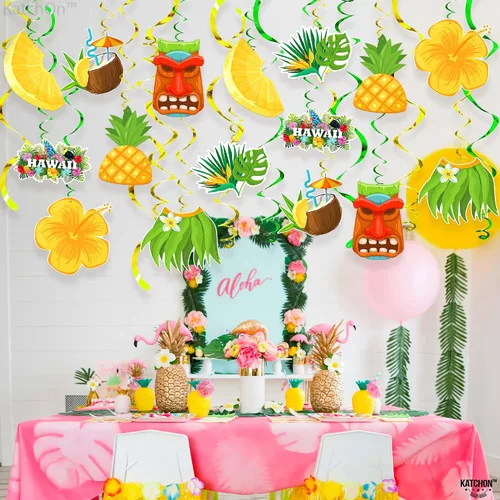Vista 7 de KatchOn, Remolinos colgantes hawaianos de Luau, paquete de 46, sin bricolaje, decoraciones de fiesta Luau, decoraciones de fiesta temática hawaiana