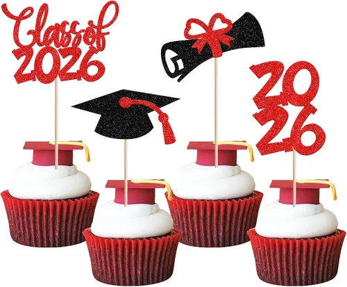 Vista 48 de 24 piezas 2026 temáticas de graduación 2026 decoraciones para cupcakes con purpurina clase de 2026 Diploma Congrats 2026 Tapa de graduación