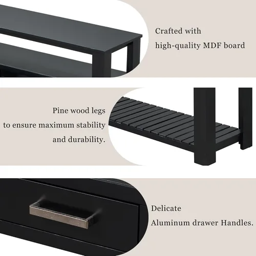 Vista 4 de LUMISOL Mesa consola con 4 cajones y estantes abiertos de 3 niveles, mesa de sofá de madera detrás del sofá con asas de metal, mesa de entrada