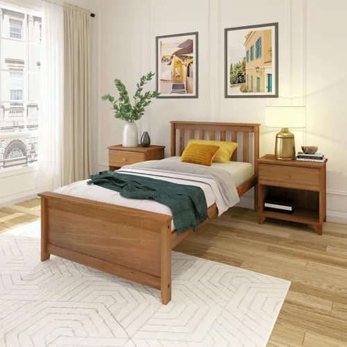 Vista 15 de Plank+Beam - Estructura de cama individual de madera maciza, cama de plataforma con cabecero, arcilla