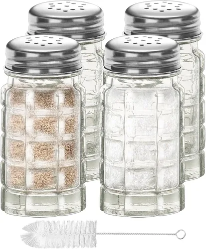 Vista 7 de Juego de 2 saleros y pimenteros retro de 1.5 onzas, estilo retro, de cristal transparente, para cocinas o restaurantes del hogar, 1.5 fl oz (2)
