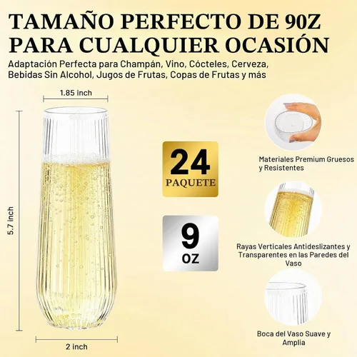 Vista 3 de Goodluck 24pack Clear Plastic Champagne Flutes,9oz Stemless Champagne Flute Transparente