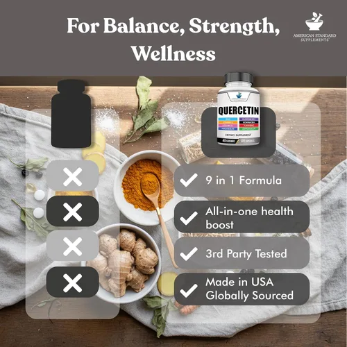 Vista 4 de American Standard Supplements Quercetina 1000 mg por porción con zinc, vitamina C, vitamina D3, magnesio, saúco, equinácea, cúrcuma, astrágalo, sin