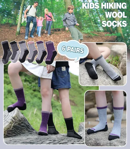 Vista 2 de Calcetines de senderismo de lana merino para niños y niñas, para invierno, cálidos, gruesos, térmicos, calcetines de regalo, 6 pares