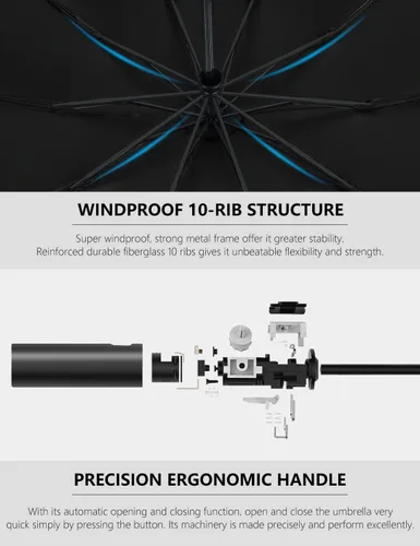Vista 6 de XIXVON Umbrella Pro UPF 50+ 99% UV Protection, Reflective Safety Strip, Sturdy Windproof, Travel Portable, Automatic Reverse Folding Umbrella