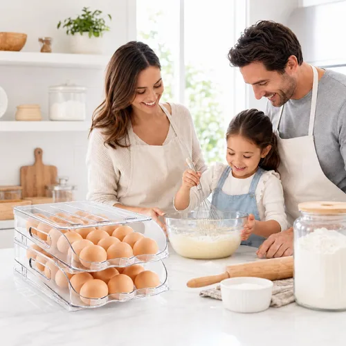 Vista 6 de SMRCAD Soporte para Huevos para Refrigerador, Dispensador de Huevos con Rodamiento Estable Automático con Parachoques de Silicona y Asa para Nevera