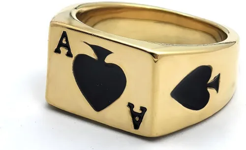 Vista 4 de JAJAFOOK Anillo de acero inoxidable para hombres y mujeres, diseño de espada de póquer, plata y negro, tallas 6-14 Pala Ace Oro Negro