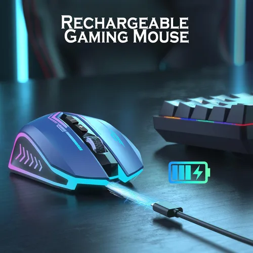 Vista 5 de UHURU Mouse para juegos, mouse inalámbrico para juegos con 7 botones, 7 colores LED intercambiables hasta 12000 DPI, mouse USB recargable para PC