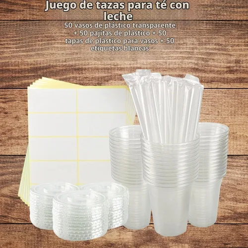 Vista 3 de Juego de 50 vasos de plástico transparente con tapas planas, vasos desechables de café helado de 16 onzas con pajitas y calcomanías, vasos