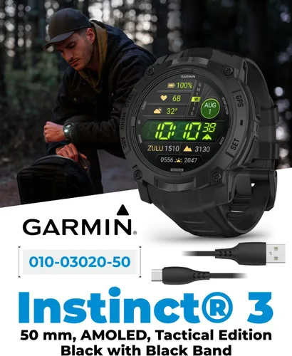 Vista 2 de Garmin Instinct 3 Edición Táctica, pantalla AMOLED, 50mm, Smartwatch GPS resistente para exteriores, soporte de balística aplicada, linterna LED