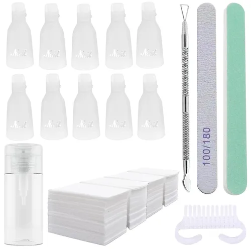 Vista 8 de Kit de removedor de esmalte de uñas de gel con 10 clips de removedor de esmalte de uñas rosa con tapa, botella dispensadora, empujador de cutículas