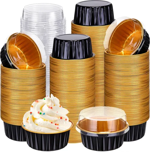 Vista 21 de Gejoy - 400 tazas para hornear de papel de aluminio con tapas, 5 onzas, clásico, negro