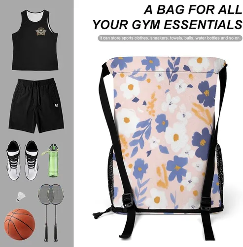 Vista 3 de Floral Backdrop Flowers Drawstring Backpack Drawstring Bags Drawstring Sport Bag Sports Gym Bag with Pockets for Women Men