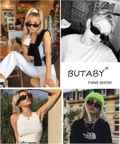 Vista 5 de BUTABY Gafas de sol rectangular para mujer retro, gafas de conducción, gafas de los años 90, vintage, marco estrecho cuadrado, protección UV400
