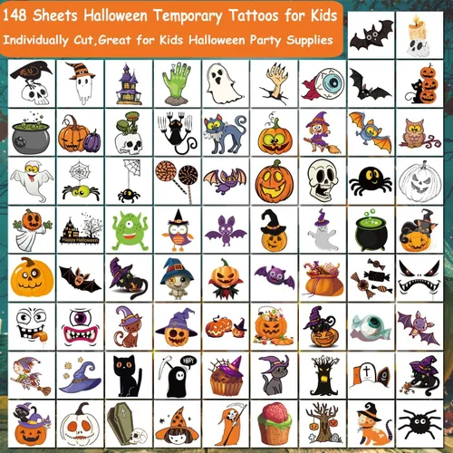Vista 3 de CHARLENT 148 hojas de tatuajes temporales de Halloween para niños, tatuajes individuales de esqueletos de calabaza de Halloween para niños y niñas