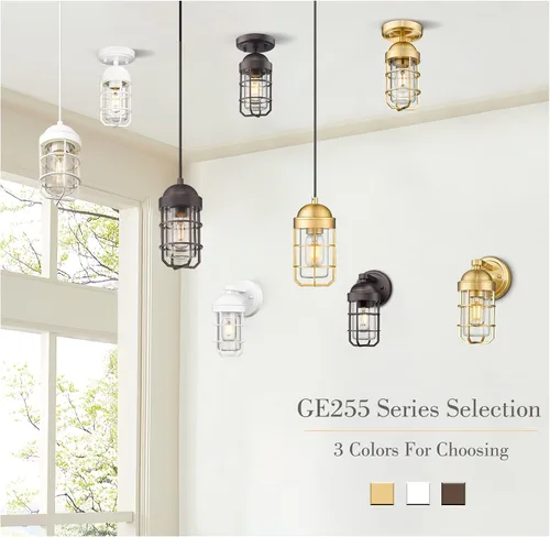 Vista 2 de Emliviar Lámpara de techo estilo granja, luz semiempotrada vintage para interior, luz de seguridad con vidrio templado transparente, acabado