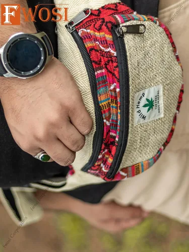 Vista 8 de FWOSI Hippie Style Riñonera de cáñamo puro para el vientre, para hombres y mujeres, para senderismo, viajes, bolsa de playa bohemia para uso