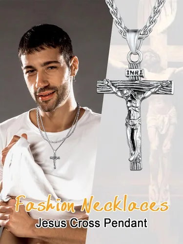 Vista 3 de U7 Colgante de cruz de crucifijo para hombre con cadena de bautismo, joyería cristiana, acero inoxidable, oro de 18 quilates, collar antiguo