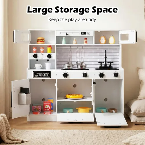 Vista 4 de INFANS Juego de cocina para niños, cocina de madera con sonido ligero realista, juguete de cocina para niños y niñas mayores de 3 años (blanco)