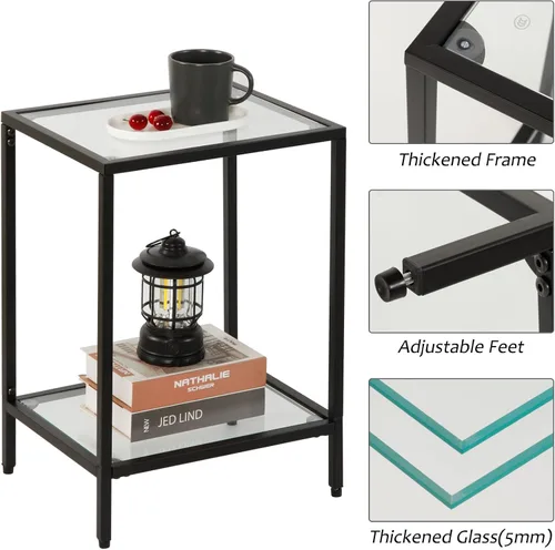 Vista 5 de Gawicpy Moderna mesa auxiliar de vidrio templado de 2 niveles, elegante mesa auxiliar de metal negro para espacios pequeños, perfecta para sala