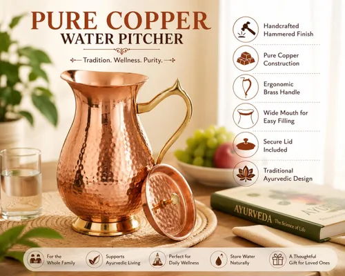 Vista 3 de Jarra de cobre 100% puro de 50.7 fl oz (50.72 onzas), jarra de agua de cobre martillado con tapa y asa, recipiente de agua tradicional de cobre