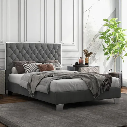 Vista 3 de Giantex Base de cama tapizada, plataforma moderna con cabecera de terciopelo capitoné con botones, marco de cama tamaño matrimonial, base de colchón