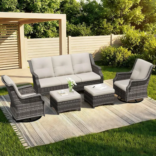 Vista 22 de Sofá de mimbre para patio al aire libre, sofá de 3 plazas, sofá de ratán con asiento profundo y cojines de olefina, respaldo alto, todo tipo de Beige