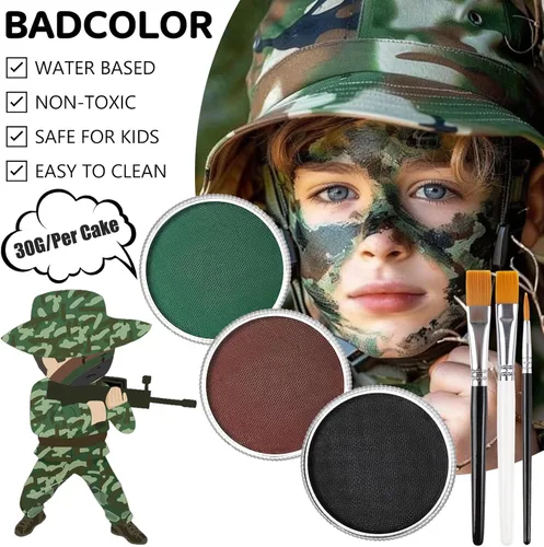 Vista 3 de Juego de pintura facial de camuflaje negro verde marrón con pinceles, kit de pintura facial a base de agua para camuflaje militar, caza y paintball