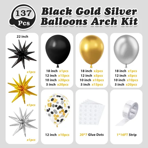 Vista 3 de Kit de guirnalda de arco de 137 piezas de globos negros, dorados y plateados con estrellas - 5, 10, 12, 18 pulgadas globos de látex negros, dorados