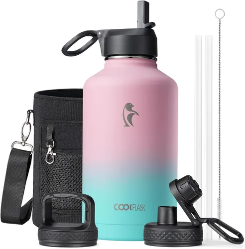 Vista 64 de Coolflask Botella de agua de 24 onzas aislada con pajilla, 3 tapas de metal de acero inoxidable, botella de agua de boca ancha para deportes u