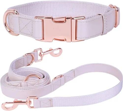 Vista 19 de Juego de collar y correa de cuero suave para perro (6.6 pies), elegante hebilla de metal resistente de oro rosa, correa de 4 longitudes ajustables