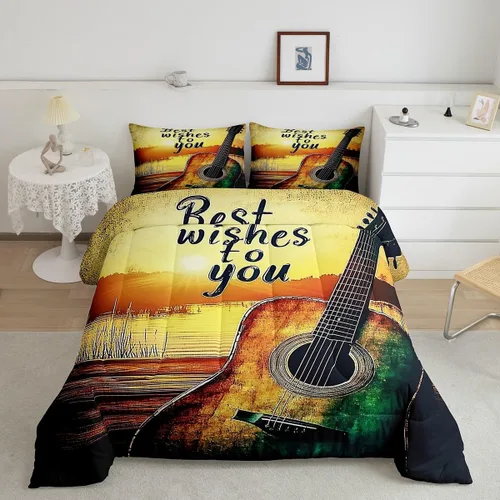 Vista 37 de Castle Fairy Juego de edredón de botas de vaquero, tamaño individual, juego de ropa de cama bohemio con guitarra musical para niños y niños