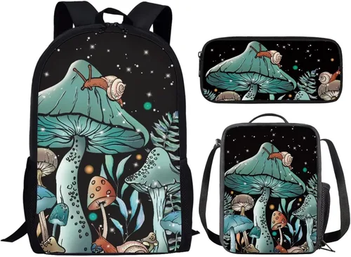Vista 2 de Parprinty Juego de mochila de hongos para niños y niñas, mochila grande ligera con lonchera y estuche para lápices, Seta caracol retro a, Mochilas