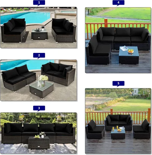 Vista 5 de Tangkula Patiojoy Juego de sofá de ratán para exteriores de 6 piezas con mesa de fuego de gas propano de 30 pulgadas, mesa de cerámica para fuego