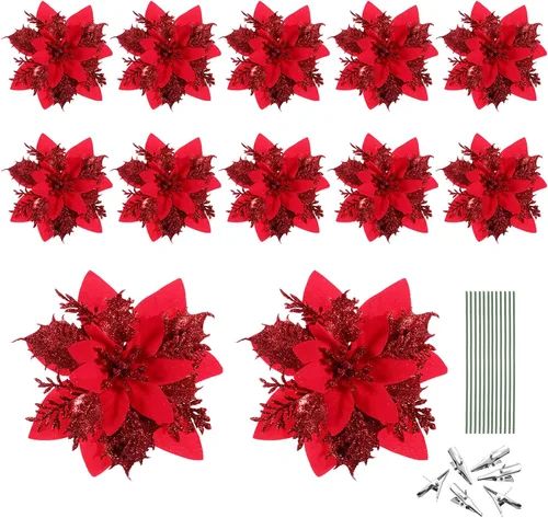 Vista 2 de Toyvian Flores de pascua artificiales con purpurina navideña, 12 adornos de flores para árbol de Navidad, decoración de fiesta de Navidad con 12 Rojo