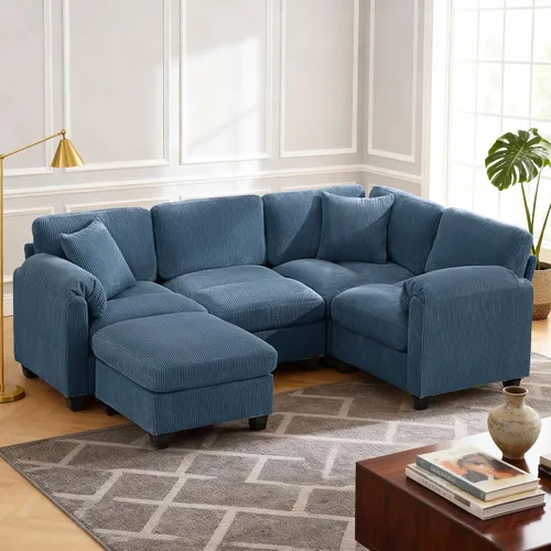 Vista 12 de Sofá modular modular con otomana, sofá de pana de 3 plazas con 2 almohadas, sofá de asiento profundo en forma de L de 88.2 pulgadas con cojín Beige