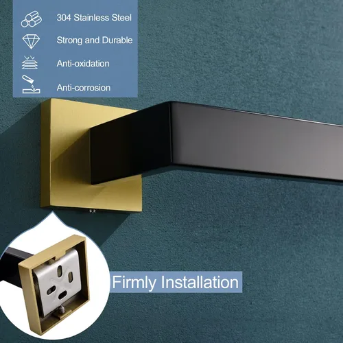 Vista 5 de TQKAG Toallero individual negro y dorado de 23.6 pulgadas, toallero de baño de acero inoxidable montado en la pared, colgador de toallas de baño.