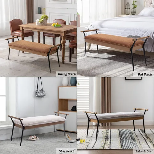 Vista 7 de DUOMAY Banco Otomano Rectangular Moderno con Brazos y Patas de Metal, Banco de Mesa de Comedor de PU de Mediados de Siglo, Reposapiés, Banco