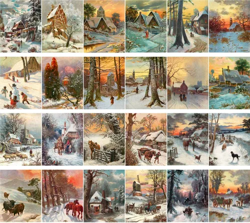 Vista 2 de PIXILUV Postales vintage 24 piezas de paisajes de campo de invierno vintage arte de Navidad Azul